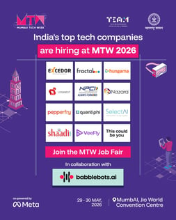 An announcement of Mumbai Tech Week listing tech companies participating at MTW 2026 in collaboration with Babblebots.