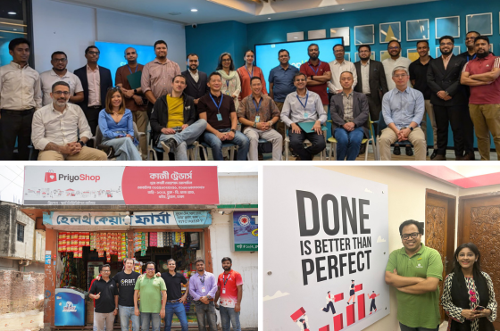 A collage image of Suraj Kripalani, Founder and CEO at BonBillo with startup founders, investors and ecosystem stakeholders at Bangladesh Startup Connect event and at Priyoshop's MSME retailer store with Priyoshop's team