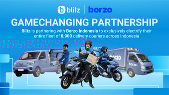 Image showing the partnership between Blitz delivery service and Borzo Indonesia, highlighting their fleet of 8,900 delivery couriers across Indonesia.
