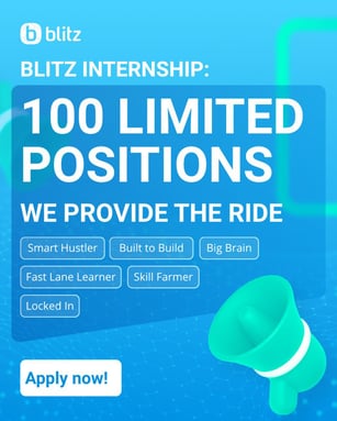 Promotional image for Blitz internships highlighting "100 LIMITED POSITIONS" with tech-inspired blue graphics and icons, detailing available internship categories across Tech, Marketing & Design, Operations, Fundraising & Investment, Finance, and Business Development.