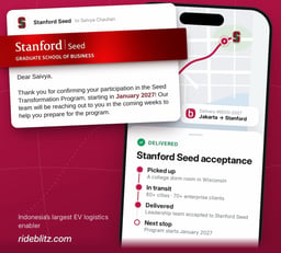 Blitz announcement graphic showing a Stanford GSB Seed acceptance letter beside a phone with a parcel tracker. The route runs Jakarta to Stanford, marked “Delivered: Stanford Seed acceptance,” with the program starting January 2027. Caption: Indonesia’s largest EV logistics enabler, rideblitz.com