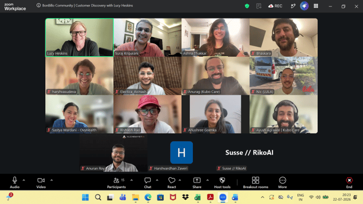 Zoom grid of founders from BonBillo's India and Southeast Asia cohort in a customer discovery workshop with Lucy Heskins