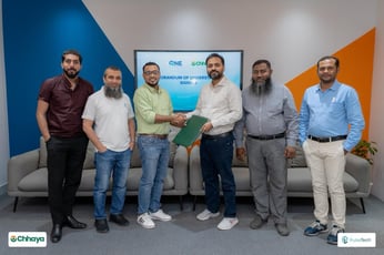 A group image of Chhaya's team partnering with OnePharmacy team, the flagship pharmacy chain of PulseTech, expanding how customers discover, access and engage with insurance services.