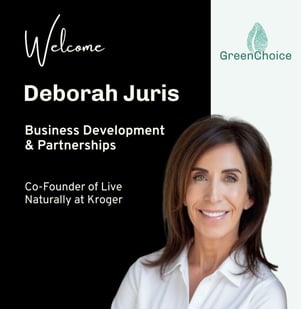 GreenChoice welcome graphic featuring Deborah Juris as Head of Business Development, with GreenChoice logo and text about her expertise in business development and partnerships
