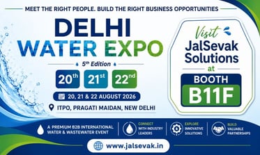 Promotional banner for the 5th edition of the Delhi Water Expo, held 20–22 August 2026 at ITPO, Pragati Maidan, New Delhi. Text invites visitors to JalSevak Solutions at Booth B11F, with the tagline 'Meet the right people. Build the right business opportunities' and the website www.jalsevak.in.