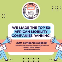 LULA announcement graphic in green, with the Top 50 African Mobility Companies badge at top and illustrated figures holding megaphones. Text reads: 'We made the Top 50 African Mobility Companies ranking! 250+ companies applied. 15 independent assessors scored every submission across 13 African markets. 458 assessment records
