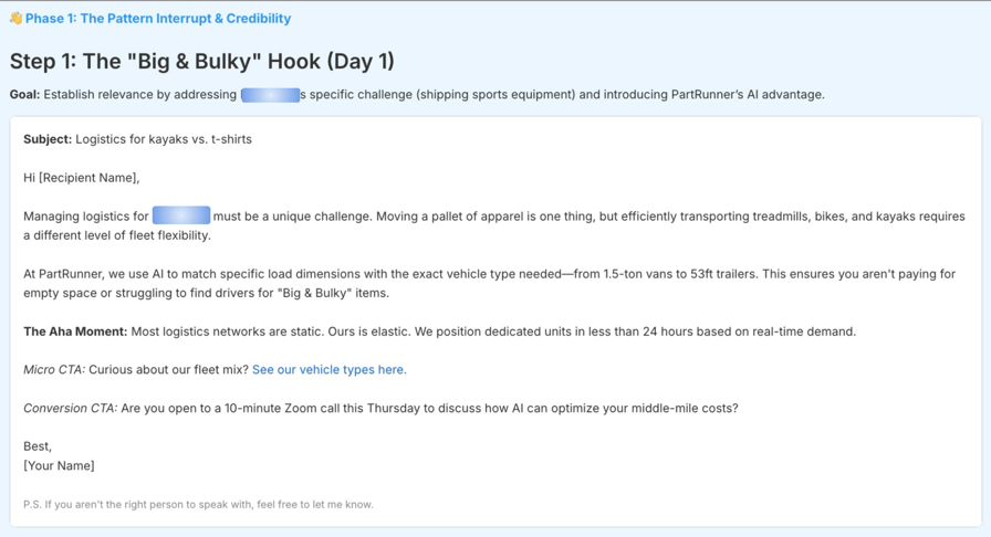Snippet from B2B Email Nurturing Sequences agent output: Step 1 "The Big Bulky Hook Day 1" interface with logistics challenge subject line, preview text, and 10-minute Zoom CTA.