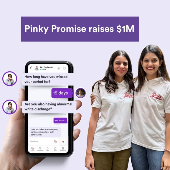 Pinky Promise's $1M fundraise announcement graphic featuring its founders and an app demo with chat showing discussion between patient and doctor about irregular periods.
