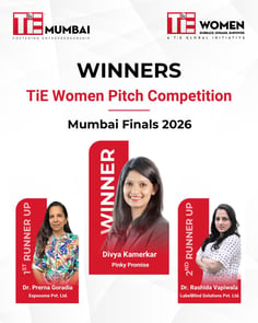 TiE Mumbai and TiE Women announcement graphic for the TiE Women Pitch Competition Mumbai Finals 2026, showing Divya Kamerkar of Pinky Promise as the winner
