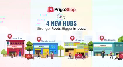 PriyoShop promotional graphic featuring new delivery hubs, vehicles, and community buildings to represent business expansion