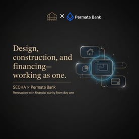 Annoucement of partnership between SECHA and Permata Bank with their logos and a text "Design, construction and financing - working as one."