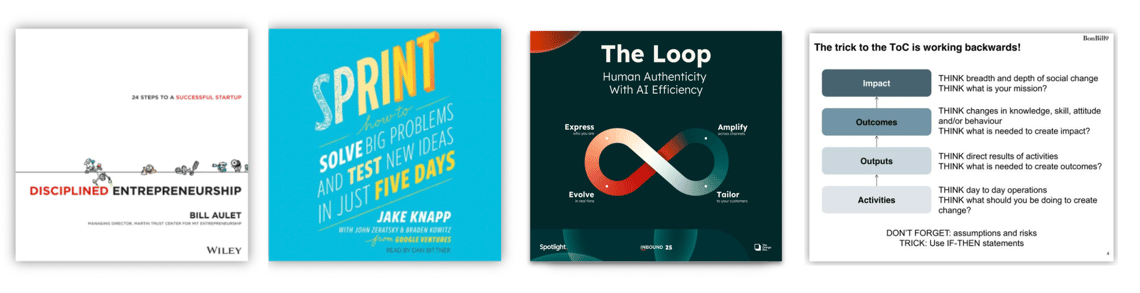 Composite image showing two startup book covers, Disciplined Entrepreneurship and Sprint, an infinity loop diagram labeled 'The Loop: Human Authenticity with AI Efficiency,' by HubSpot and a Theory of Change framework outlining impact, outcomes, outputs, and activities