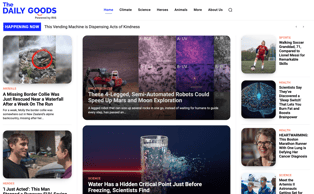 Screenshot of a news platform featuring curated positive stories, emphasizing a clean, content-rich interface focused on good news.