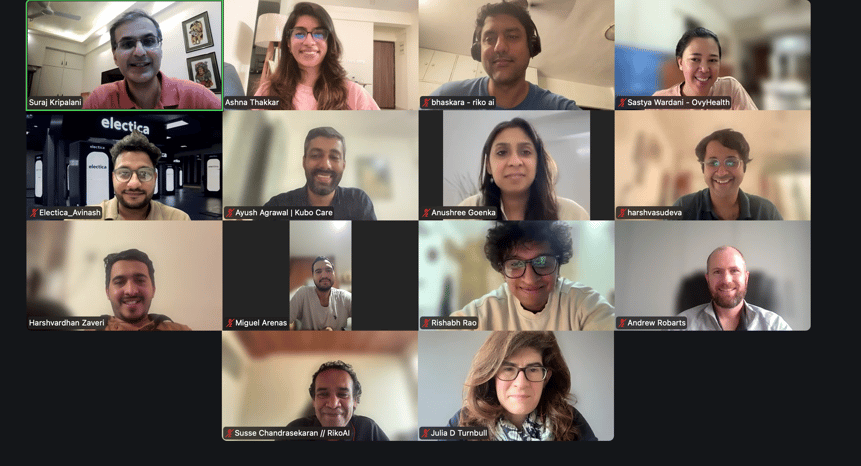 Zoom grid of 14 founders from BonBillo's India and Southeast Asia cohort joining from home offices, alongside Julia Turnbull of MIT Sloan Executive Education, during a session on Investment Readiness.
