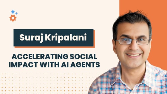 Promotional graphic featuring Suraj Kripalani, Founder and CEO of BonBillo next to bold text highlighting his interview with Kyle James from Agent.ai about accelerating social impact with AI agents.