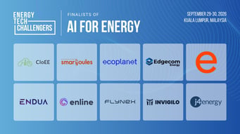 Energy Tech Challengers graphic announcing the AI for Energy track finalists for September 29–30, 2026 in Kuala Lumpur, Malaysia, with the Electica logo shown alongside nine other finalist companies