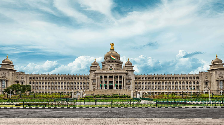 By Cubbon Park, Vidhana Soudha is a Neo-Dravidian legislative building in Bangalore